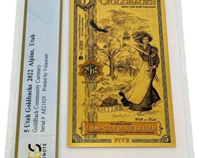 2022 Utah 5 GOLDBACK • 1/200 oz Fine Gold • 99.9% Pure Fractional Gold Currency Note • Graded Superb Gem Uncirculated, PCGS Banknote 69 PPQ