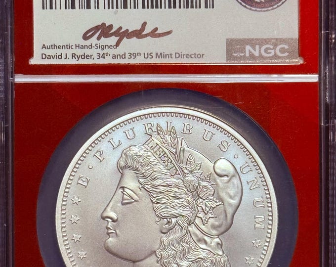 2023 Fiji One Dollar Coin • 1883 CC Morgan Dollar • EDC Red Core, First Day of Issue, David Ryder Signed Label • 1 oz Fine Silver • NGC MS70