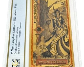 2023 New Hampshire 25 GOLDBACKS • 1/40 oz Pure Gold Note (.999 Fine, 24K) • Graded PCGS 70 PPQ