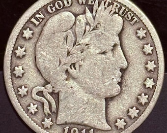 1911 P Barber Half Dollar 50c • BETTER DATE • 90% Pure Silver Type Coin • Philadelphia Mint • Raw, Ungraded VG (Very Good)