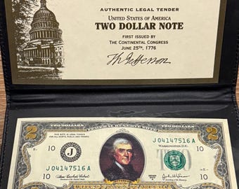 SET OF 2 2003 A Enhanced Colorized 2 Dollar Bill • Uncirculated Note in World Reserve Monetary Exchange Billfold Holder