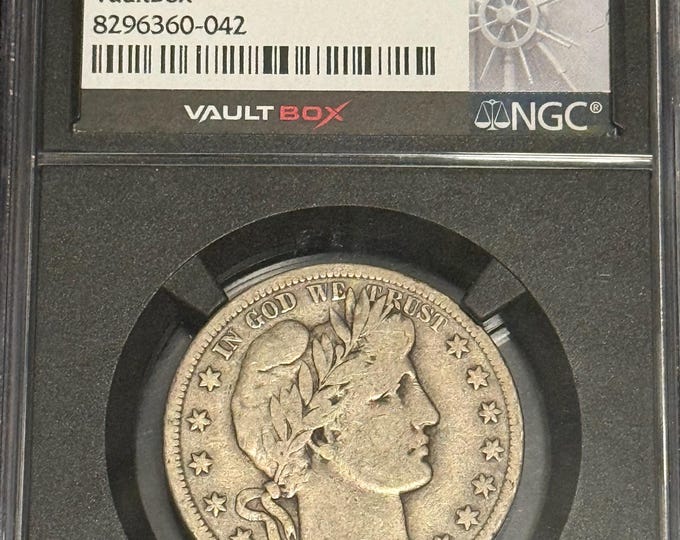 1896 S Barber Half Dollar 50c • KEY DATE • 90% Pure Silver Type Coin • San Francisco Mint • Vaultbox Label • Graded NGC VG10