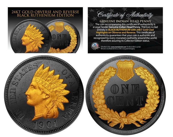 1906 Indian Head Penny, 1 Cent • 24K Gold & Black Ruthenium Edition • In Capsule with Display Stand + COA