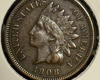 1908 S Indian Head Penny Cent 1c • KEY DATE • Genuine Ungraded Raw Coin XF+ Condition