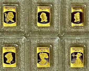 SET OF 6 Liberty Tribute Edition 1/2 Gram Pure Gold Bars (.9999 Fine) in Display Box • 2023 Solomon Islands • Limited Mintage #151/2000
