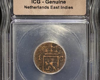 1838 Netherlands East Indies 1/2 Stuiver • Dutch Colonial Copper Coin • Utrecht Mint • Sumatra, Island of Duit • Graded ICG Genuine