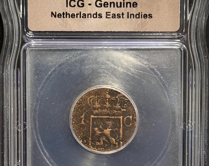 1838 Netherlands East Indies 1/2 Stuiver • Dutch Colonial Copper Coin • Utrecht Mint • Sumatra, Island of Duit • Graded ICG Genuine