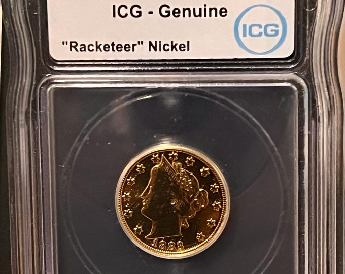 1883 Racketeer Liberty Head V Nickel • Type 1 No Cents • Uncirculated Gold Plated Coin in a Graded Slab • Certified ICG Genuine Authentic
