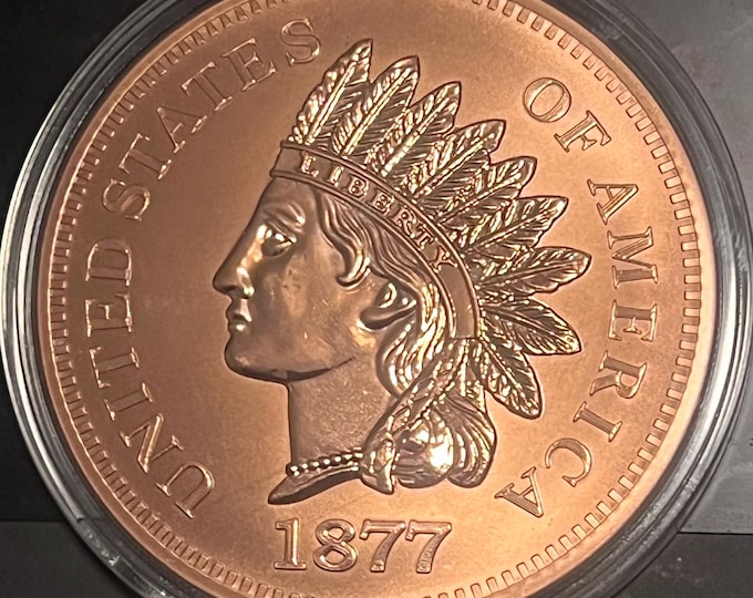 1877 Indian Head Penny Tribute Design Coin • 5 oz Pure Copper Round (.999 Fine) in Premium Protective Airtight Capsule