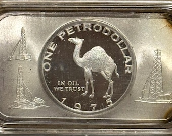 1975 Madison Mint One Petrodollar Vintage Silver Art Bar • 1 oz Pure Silver Ingot in Capsule (.999 Fine)