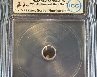 1336-1646 India Medieval Vijayanagara Empire Karnata Kingdom Bele, World’s Smallest Gold Coin, Skip Fazzari Signed Label, Graded ICG Genuine