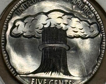 Genuine HOBO NICKEL Hand-Carved on a 1935 Buffalo Nickel by Artist CM • Atomic Bomb Mushroom Cloud in Capsule