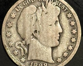 1898 O Barber Half Dollar 50c • New Orleans Mint • 90% Pure Silver Type Coin • Raw, Ungraded G (Good)