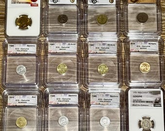Lot of 12 Vintage World Coins • Spain, Russia, Germany, Austria, Macau, Philippians, Bulgaria, Romania • Graded ICG & NGC Genuine