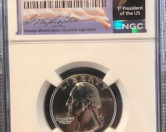 1964 Washington Silver Quarter • 90% Pure Silver Uncirculated Proof Coin • George Washington Fascimile Signature Label • Graded NGC PF69