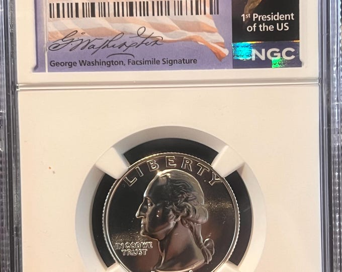 1964 Washington Silver Quarter • 90% Pure Silver Uncirculated Proof Coin • George Washington Fascimile Signature Label • Graded NGC PF69