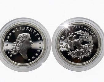 SET OF 2 Flowing Hair Silver Dollar Miniature Tribute Round, 15mm • 1 Gram Fine Silver (99.9% Pure) in Premium Capsule