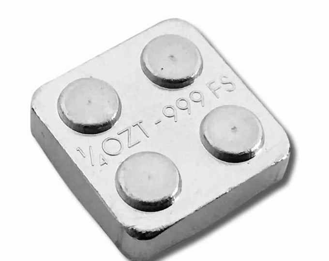 Lego Style Silver Stacking Building Brick • 1/4 oz Pure Silver (.999 Fine) • L 1/2” x W 1/2” (2x2 Piece) • Fractional Silver Bullion