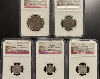 Stacks W 57th St Collection • NGC Genuine 5 Type Coin Set • Large Cent + Shield Two Cents + 3 Cent Nickel + Seated Liberty Half Dime + Dime