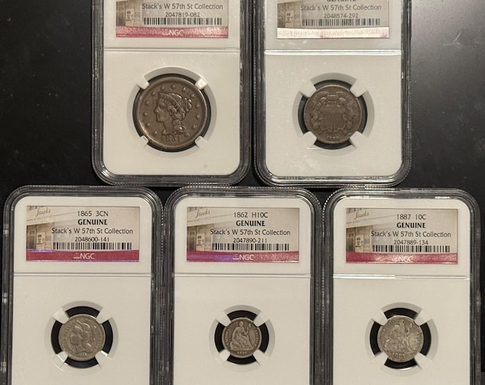 Stacks W 57th St Collection • NGC Genuine 5 Type Coin Set • Large Cent + Shield Two Cents + 3 Cent Nickel + Seated Liberty Half Dime + Dime