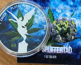 2023 Mexico Spliffertad, 1 Onza • Colorized Marijuana Cannabis Bud Themed Libertad • 1 oz Fine  Silver • Limited Mintage #016/420