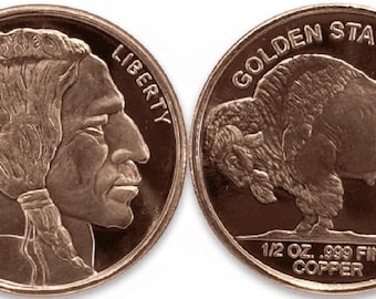 SET OF 2 Indian Head Buffalo Nickel Solid Copper Rounds • 1/2 oz Pure Copper (.999 Fine) • Discontinued from Golden State Mint