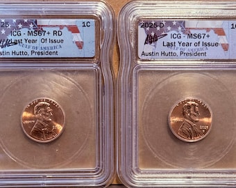 2025 P & D Lincoln Cent Shield Penny Set • Last Year of Issue, Hutto Signed, Gulf of America Label • Graded ICG MS67+