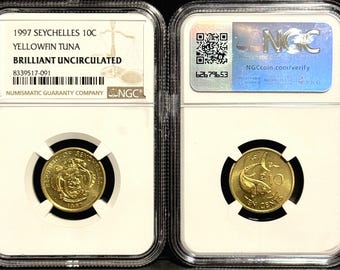 SET OF 2 • 1997 Seychelles Islands Yellowfin Tuna Ten Cents • Republic of Seychelles Brass Coin Currency • Graded NGC Brilliant Uncirculated