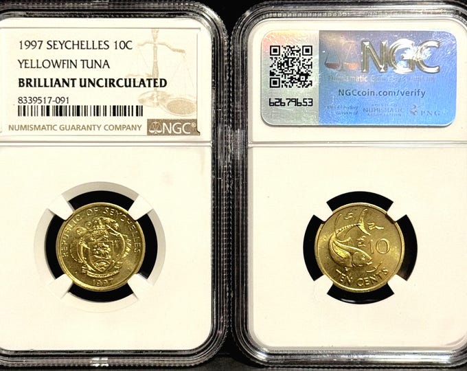 SET OF 2 • 1997 Seychelles Islands Yellowfin Tuna Ten Cents • Republic of Seychelles Brass Coin Currency • Graded NGC Brilliant Uncirculated