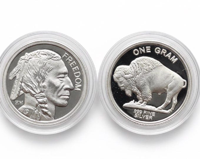 Featured listing image: SET OF 2 Indian Head Buffalo Nickel Miniature Tribute Coin in Protective Capsule • 1 Gram Fine Silver (99.9% Pure) • Fractional Round, 15mm