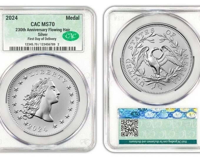 2024 Flowing Hair Silver Medal + OPG & COA • 230th Anniversary, First Day of Delivery Label • Graded CAC MS70