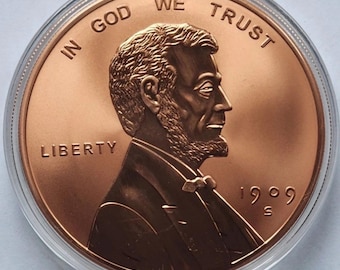 1909 S VDB Lincoln Wheat Cent Penny Tribute Design Coin • 5 oz Pure Copper Bullion Round (.999 Fine) in Premium Protective Airtight Capsule