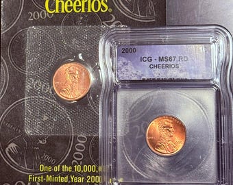 2000 P Cheerios Cent Lincoln Penny Set • Original Promotional Penny with COA + Graded ICG MS67 RD (Red)