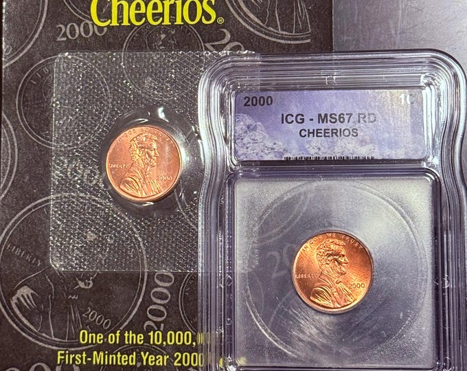 Featured listing image: 2000 P Cheerios Cent Lincoln Penny Set • Original Promotional Penny with COA + Graded ICG MS67 RD (Red)