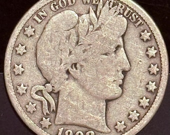 1908 O Barber Half Dollar 50c • 90% Pure Silver Type Coin • New Orleans Mint • Raw, Ungraded VG (Very Good)