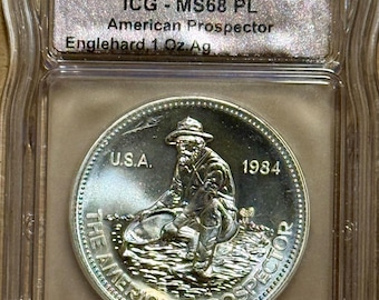 1984 Engelhard American Prospector, Big E Reverse • 1 oz Pure Silver Round (.999 Fine) •  Graded ICG MS68 PL (Proof-Like)