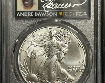 2024 P Silver Eagle with Star Privy • Legends of Life, First Strike Chicago Cubs Andre Dawson Signed Label • Graded PSA PCGS MS70 • Pop of 5