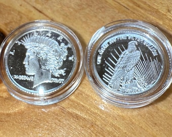 SET OF 2 Miniature Peace Dollar Tribute Coin in Protective Capsule • 1 Gram Fine Silver (99.9% Pure) • Fractional Silver Round, 15mm