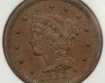 1853 Braided Hair Large Cent Penny • Large Date Variety in Coin Display • Ungraded XF (Extremely Fine)
