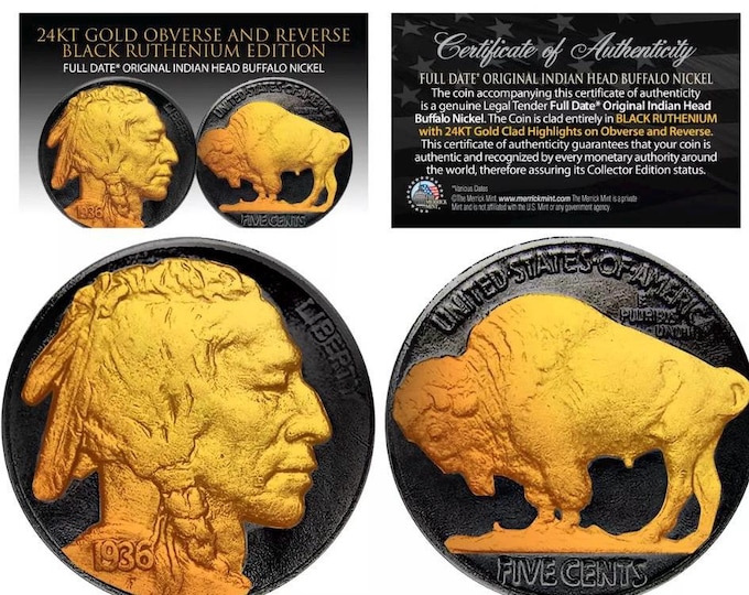 1935 Indian Head Buffalo Nickel, 5 Cents • 24K Gold & Black Ruthenium Edition • Full Date • In Capsule with Display Stand + COA