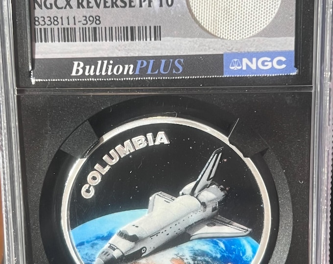 Columbia Shuttle Reverse Proof Coin • First Releases Label with Genuine Space Flown Orbital Insulation • 2025 Niue, Bullion Plus • NGCX PF10