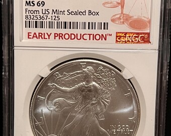 2002 American Silver Eagle Struck in 2001 • From US Mint Sealed Box, Early Production Label • 1 oz Pure Silver (.999 Fine) • Graded NGC MS69