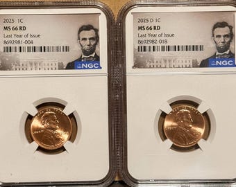 2025 P & D Lincoln Cent Shield Penny Set • Last Year of Production, Lincoln Portrait Label • Graded NGC MS66 RD (Red)