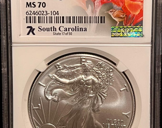 2021 P American Silver Eagle T-1 (Type 1 ASE) • US State Series: South Carolina 7K Exclusive Label • 1 oz Pure Silver (.999 Fine) • NGC MS70