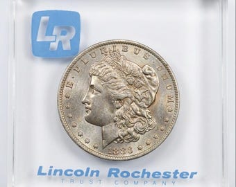 1883 O Morgan Silver Dollar in Vintage Lincoln Rochester Trust Lucite Paperweight