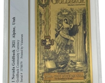 2021 Nevada 1 GOLDBACK • 1/1000 oz Fine Gold (99.9% Pure) • Fractional Gold Currency • Graded Supreme Gem Uncirculated, PCGS Banknote 70 PPQ