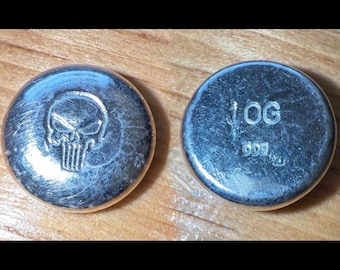 10 Grams Hand Poured Silver Button Round • Marvel Punisher Skull Logo Design • 10g Fine Silver Bullion (99.9% Pure) • Fractional Silver