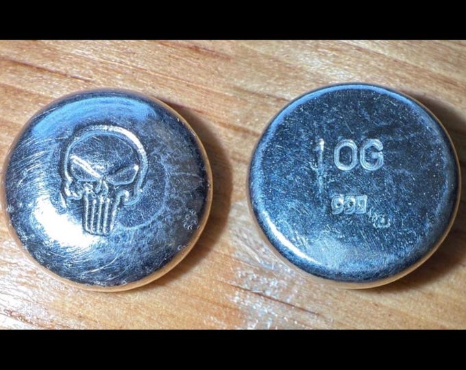 10 Grams Hand Poured Silver Button Round • Marvel Punisher Skull Logo Design • 10g Fine Silver Bullion (99.9% Pure) • Fractional Silver