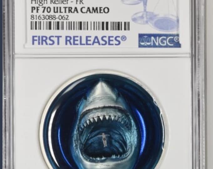 Phobias Series, Thalassophobia Fear of Sharks • 2 oz Fine Silver Proof • First Releases Label, Box + COA • 2024 Palau • NGC PF70 Ultra Cameo