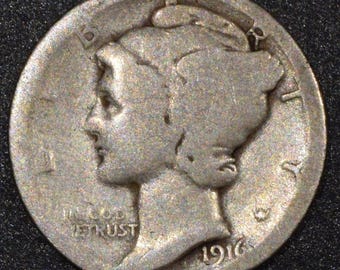 1916 D Mercury Dime 10c • KEY DATE • 90% Pure Silver Type Coin • Denver Mint • Winged Liberty Head • Ungraded FR (Fair)